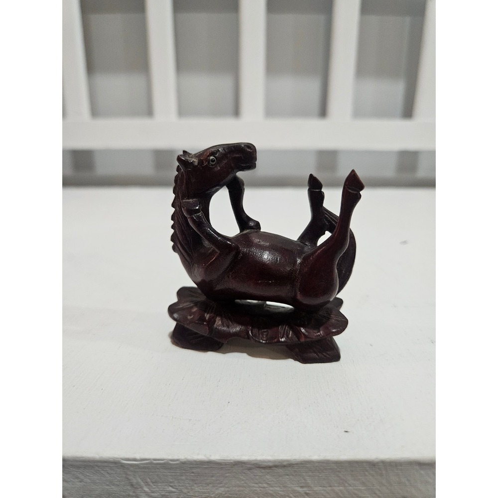 Vtg Chinese Handcarved Boxwood Playful Horse Figure on His Back
